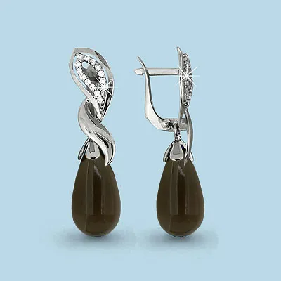 4427001А Серьги из Серебра с кварцами дымчатыми, фианитами