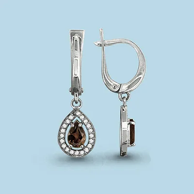 4410201А Серьги из Серебра с кварцами дымчатыми, фианитами