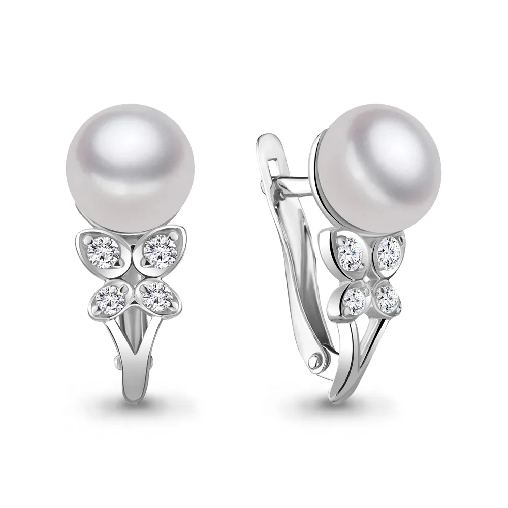 41132А Серьги из Серебра с культ. жемчугом  аа, фианитами