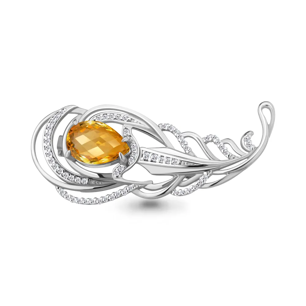 7261306А Брошь из Серебра с фианитами, цитрином