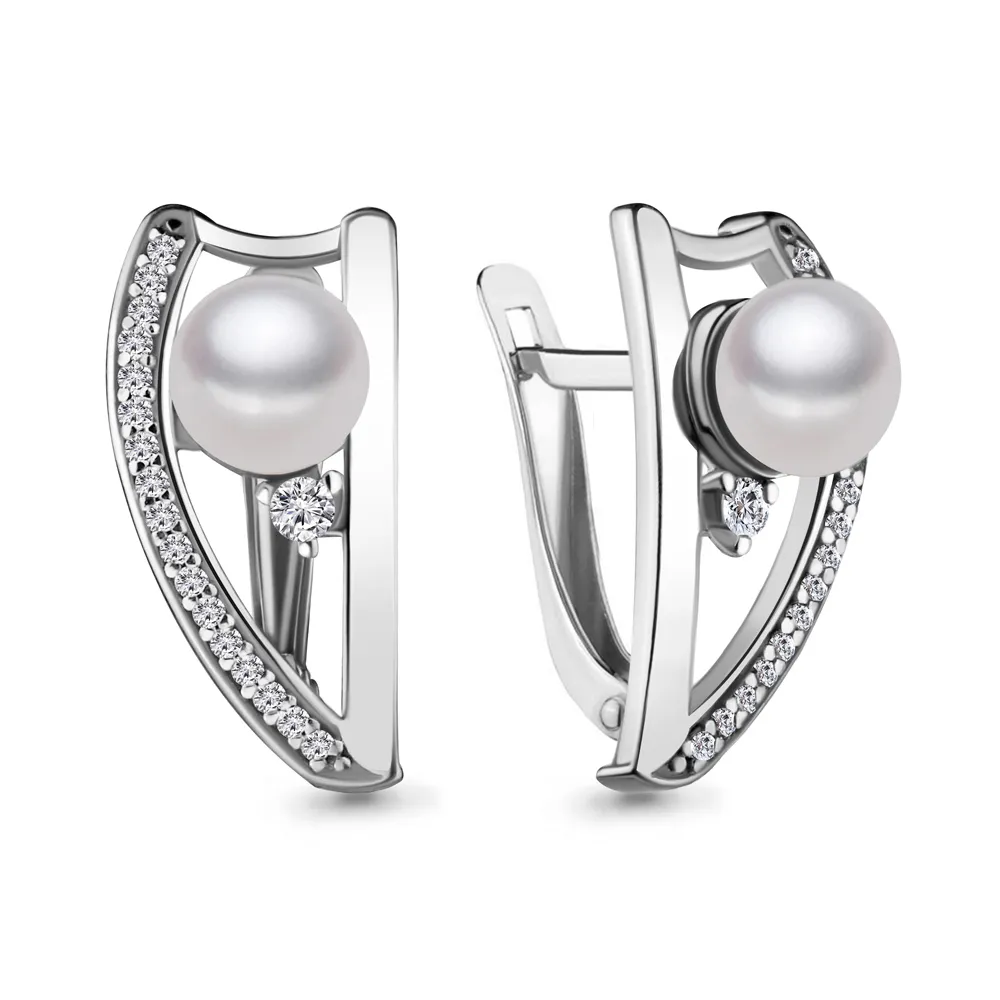 45699А Серьги из Серебра с культ. жемчугом  аа, фианитами