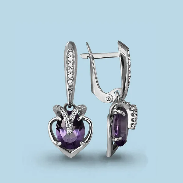 4449504А Серьги из Серебра с аметистами, фианитами