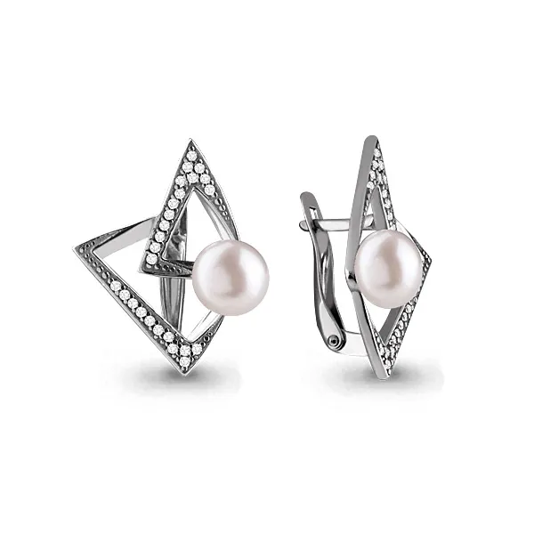 45671А Серьги из Серебра с культ. жемчугом  аа, фианитами