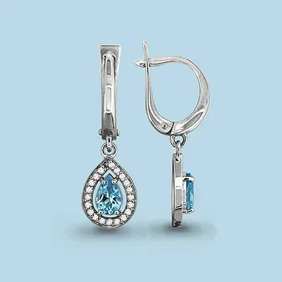 4410205А Серьги из Серебра с топазами свисс блю, фианитами