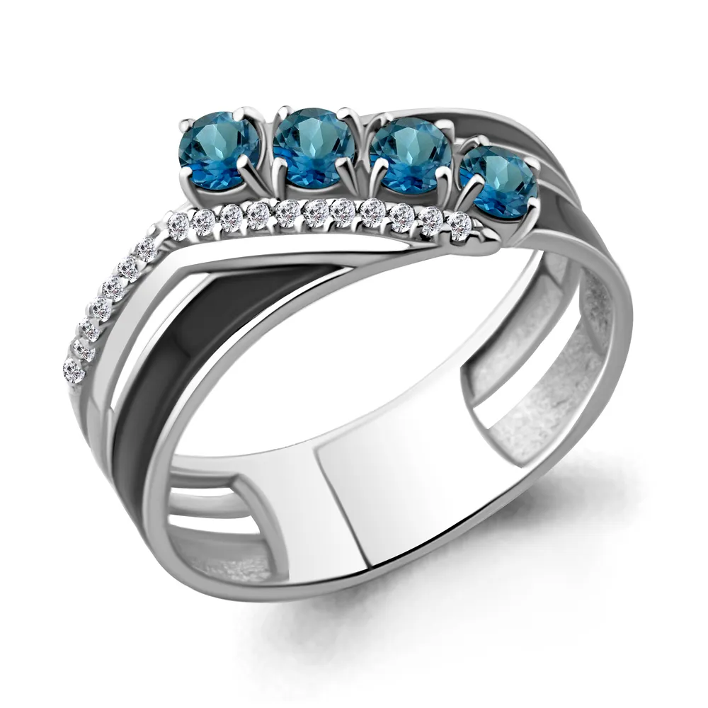 6565408А Кольцо из Серебра с топазами лондон блю, фианитами, эмалью из коллекции "Rio"