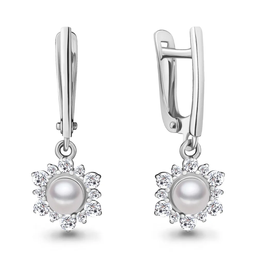 49263А Серьги из Серебра с культ. жемчугом  аа, фианитами