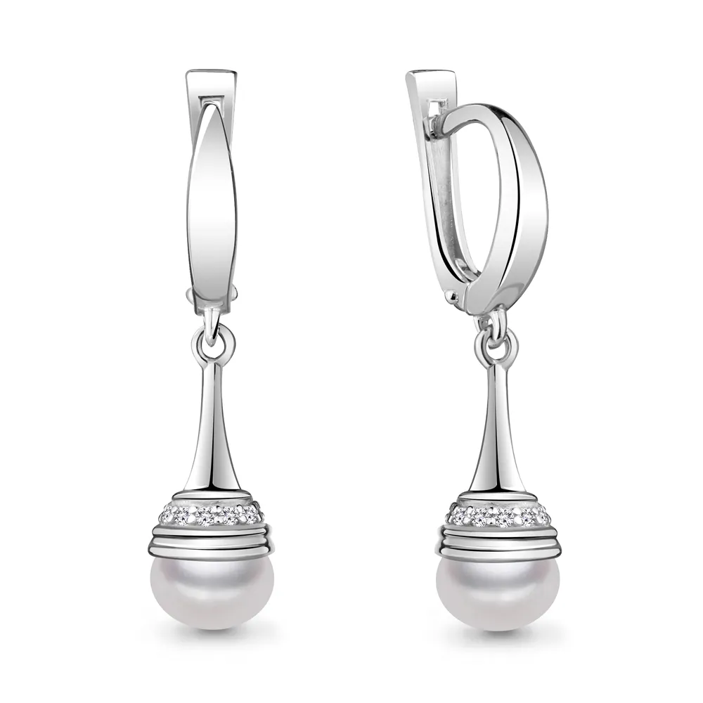 42246А Серьги из Серебра с культ. жемчугом  аа, фианитами