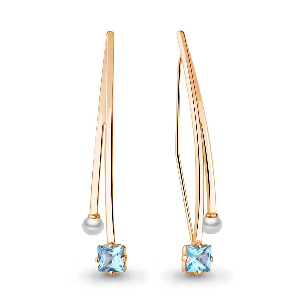 4772305 Серьги из Золота с культ. жемчугом  ааа, топазами свисс блю