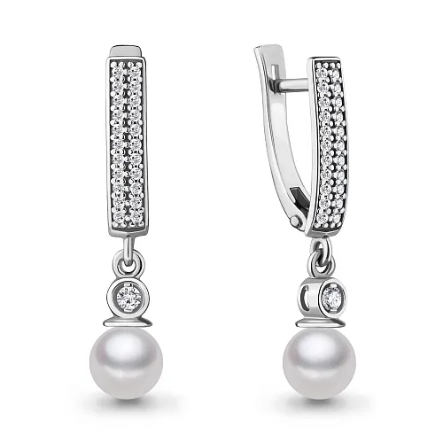 42212А Серьги из Серебра с культ. жемчугом  аа, фианитами