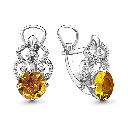 4457406А Серьги из Серебра с фианитами, цитринами из коллекции "Ар-Деко"