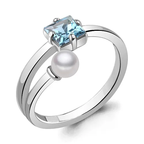 6962005 Кольцо из Серебра с культ. жемчугом  ааа, топазом свисс блю