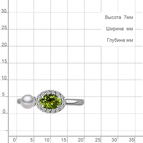 6962107А Кольцо из Серебра с культ. жемчугом  ааа, фианитами, хризолитом