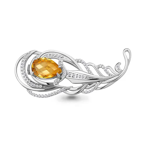 7261306А Брошь из Серебра с фианитами, цитрином