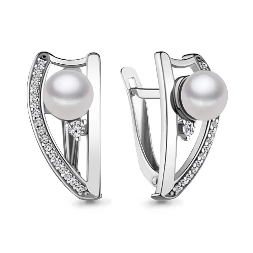 45699А Серьги из Серебра с культ. жемчугом  аа, фианитами