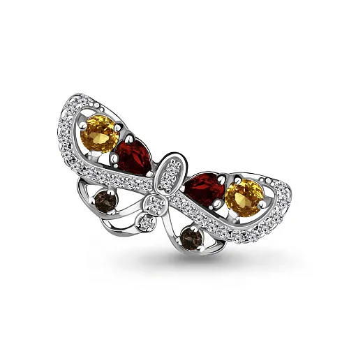 7267247А Брошь из Серебра с гранатами, кварцами дымчатыми, фианитами, цитринами