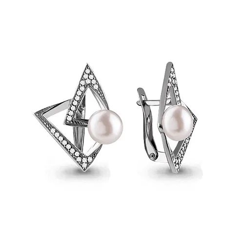 45671А Серьги из Серебра с культ. жемчугом  аа, фианитами