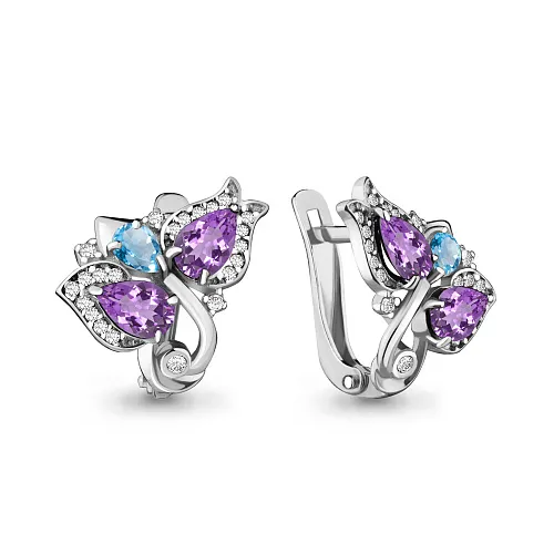 4488030А Серьги из Серебра с аметистами, топазами свисс блю, фианитами