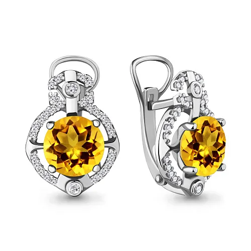 4457306А Серьги из Серебра с фианитами, цитринами из коллекции "Ар-Деко"