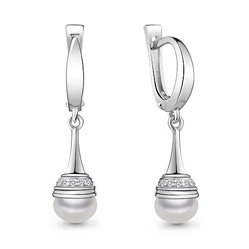 42246А Серьги из Серебра с культ. жемчугом  аа, фианитами