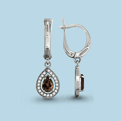 4410201А Серьги из Серебра с кварцами дымчатыми, фианитами
