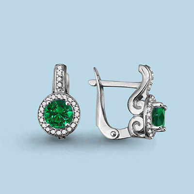 42981Г Серьги из Серебра с наноизумрудами, фианитами