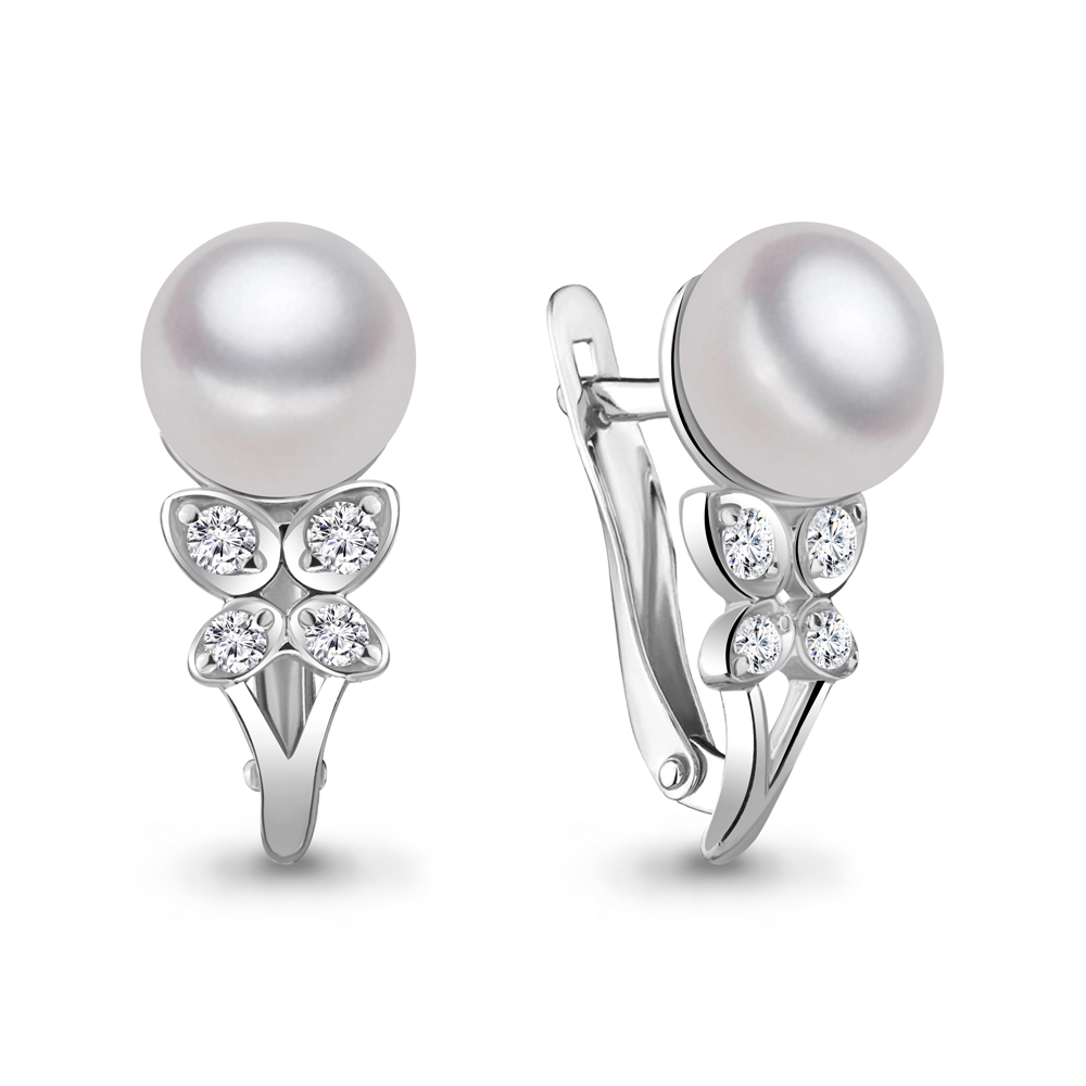 41132А Серьги из Серебра с культ. жемчугом  аа, фианитами