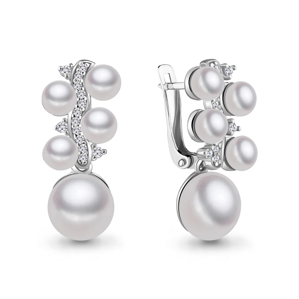 45701А Серьги из Серебра с культ. жемчугом  аа, фианитами
