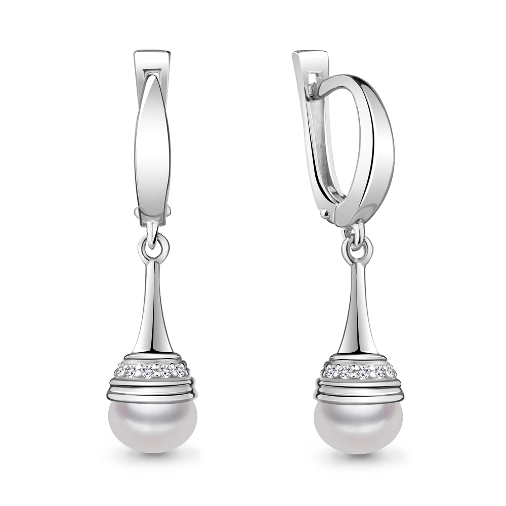 42246А Серьги из Серебра с культ. жемчугом  аа, фианитами