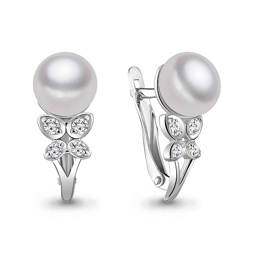 41132А Серьги из Серебра с культ. жемчугом  аа, фианитами