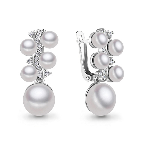 45701А Серьги из Серебра с культ. жемчугом  аа, фианитами