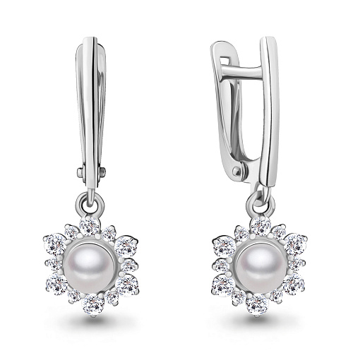 49263А Серьги из Серебра с культ. жемчугом  аа, фианитами